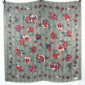 JP Collections Red Roses Floral Gray Plaid Fringe Trim Large Scarf Wrap Shawl